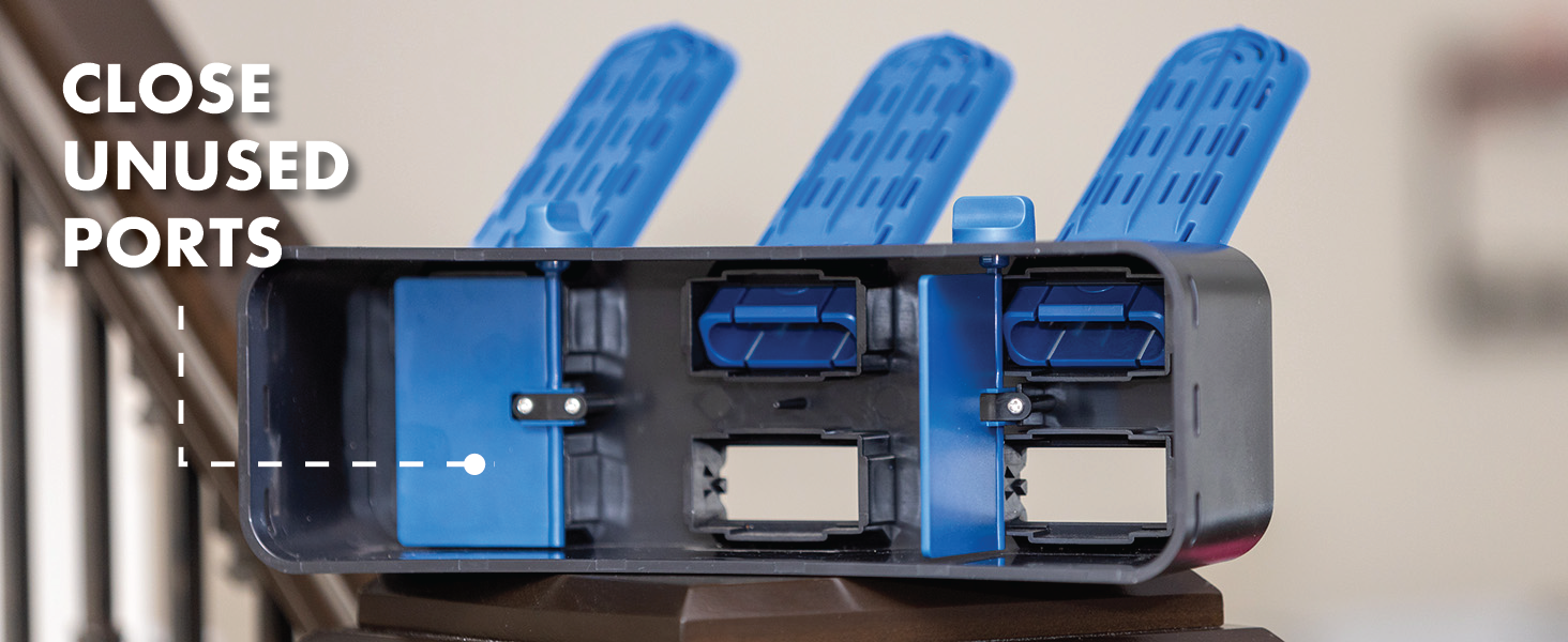 The bottom of the dryer is shown. Text reads "close unused ports"