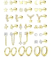 Hypoallergenic Flat Back Earrings 14K Gold Plated Cartilage Earring Stacks for Sensitive Ears Sur...