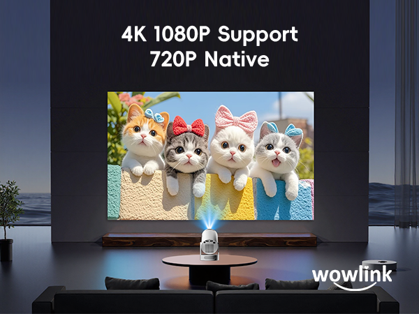 Home projector displaying cat image on wall. Text indicates 4K 1080P support and 720P native resolution. Projector on table with remote control visible.