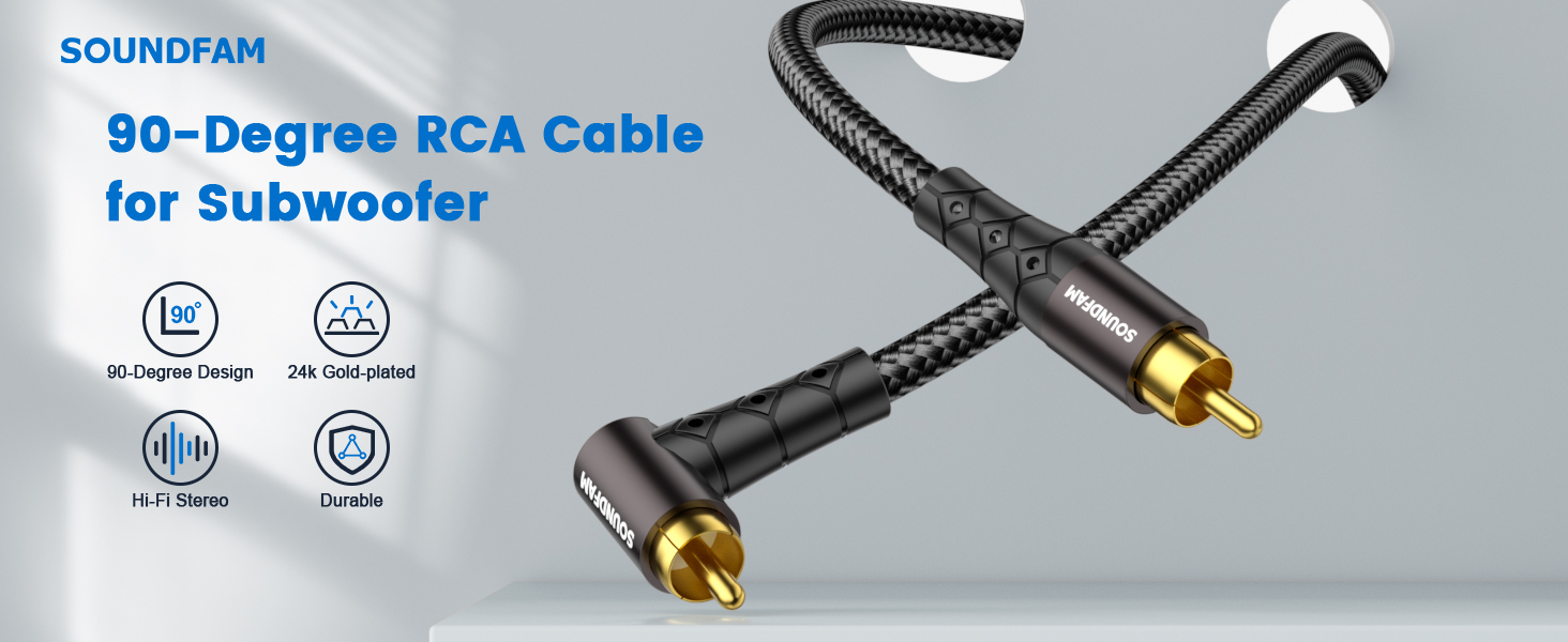 Text reads 'MONOPRICE' and '90-Degree RCA Cable for Subwoofer'. Black audio cable with gold-plated RCA connectors at 90-degree angle.