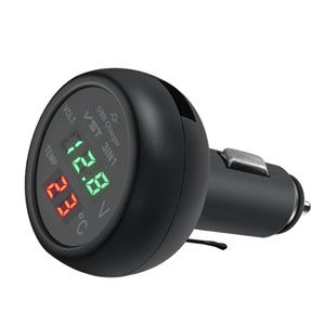 Round black car USB charger with LED digital display showing numbers in green and red illumination.