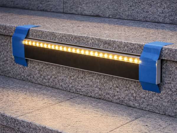 masking tape helps hold secure to step lights in place while glue adhesive cures easy install remove