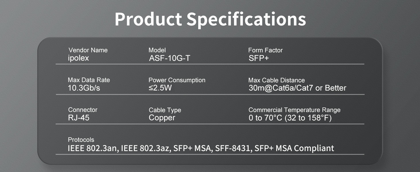 Technical specifications panel showing network device details including power consumption of ±2.5W, operating temperature range, and IEEE compliance information.