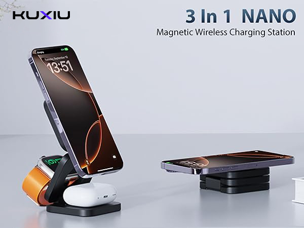 KU XIU 3 in 1 magnetic wireless charging station compatible with Apple devices