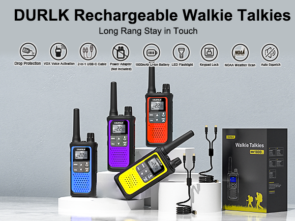 DURLK 4 pack walkie talkies long range in blue orange yellow purple with cables and box