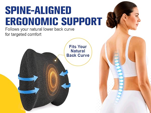 A lumbar pillow with spine-aligned contours supports natural lower back comfort.