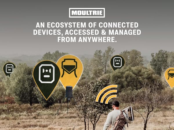 Hunter in field with connected Moultrie devices managed remotely.