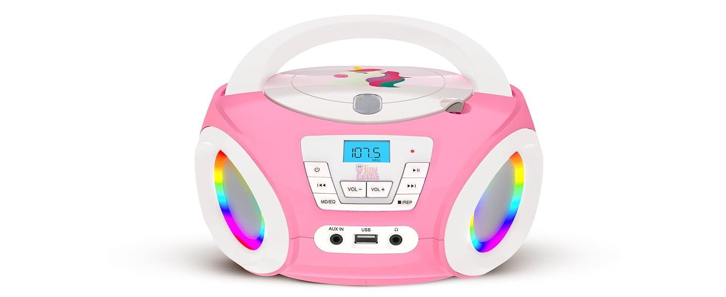 Pink and white boombox-style audio device with digital display, speakers, and multicolored accent lights on the sides.