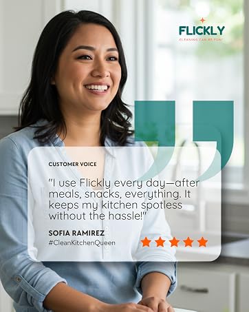 woman smiling in a bright kitchen, sharing a positive testimonial about Flickly cleaning scrubber.