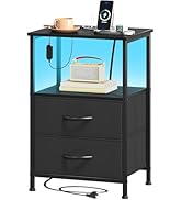 Somdot Black Nightstand with Charging Station and LED Light for Bedroom, 2 Drawers Dresser with F...