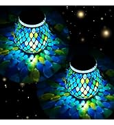 2 Pack Mosaic Blue Solar Lanterns, Outdoor Glass Hanging Lights, Waterproof, Solar Table Lamps, C...