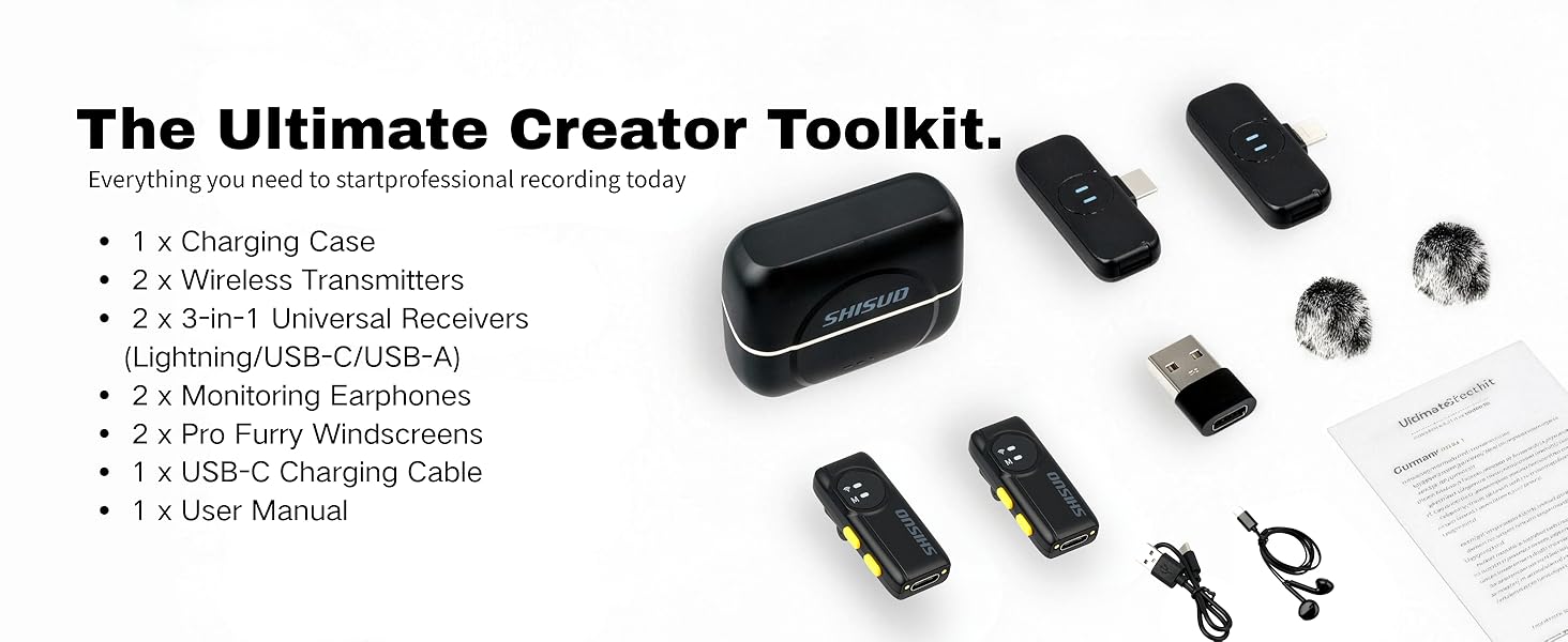 Complete wireless mic set with PC adapter, dual transmitter system, creator essentials bundle