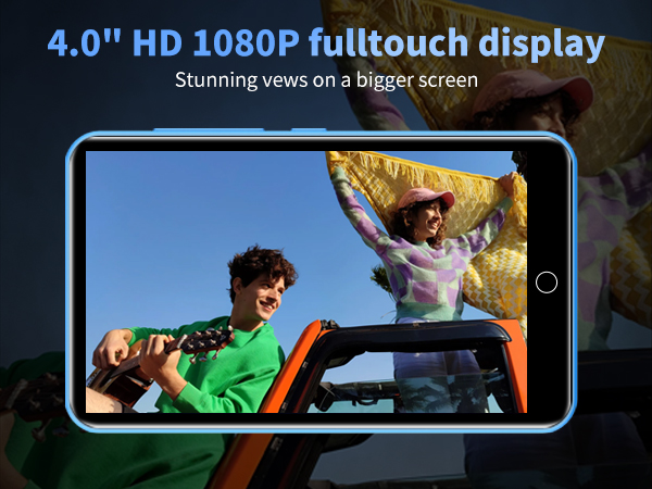 Smartphone or tablet device featuring a 4.0" HD 1080P fulltouch display. Screen shows image of people outdoors, emphasizing the device's visual capabilities.