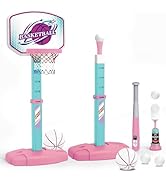 3 in 1 Basketball Hoop and Tee Ball Set for Girls: Baseball Tee with Automatic Pitching Machine A...