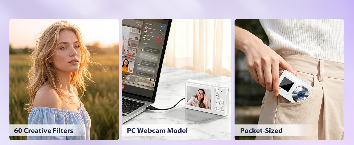 Compact travel camera with 60 filters for creative selfies, travel photos. PC webcam mode