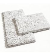 White Bathroom Rugs and Mats Set, 2 Piece Chenille Bath Mat Set, Machine Wash Dry, Non Slip Absor...