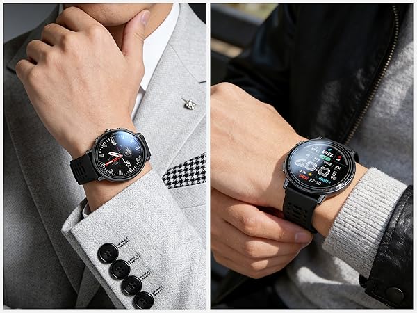 Series of close-up shots showing a black smartwatch on wrist from different angles, demonstrating interface and functionality.