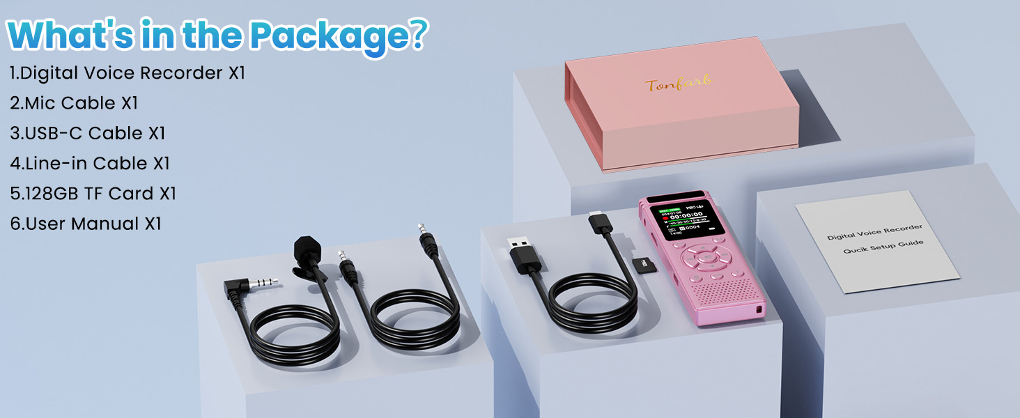 Product List:Digital Voice Recorder/Mic Cable/USB-C Cable/Line-in Cable/128GB TF Card/User Manual