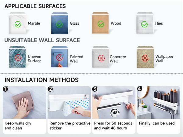 Text reads 'APPLICABLE SURFACES' showing icons for Marble, Glass, Wood, Tiles. 'UNSUITABLE WALL SURFACE' showing Uneven Surface, Painted Wall, Concrete Wall, Wallpaper. Installation steps 1-4 showing dry wall cleaning, sticker removal, pressing, and final use.