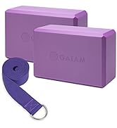 Gaiam Essentials Yoga Block 2 Pack &amp; Yoga Strap Set, Deep Purple, 9