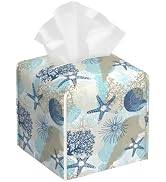POIUBLE Tissue Box Holder Corals and Seashells Tissue Box Cover Square Leather Tissue Holder Orga...