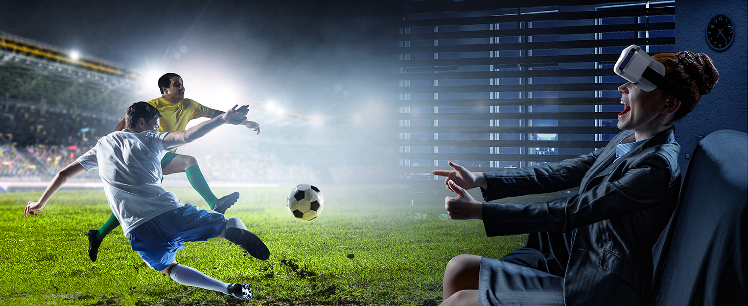 Split image showing virtual reality gaming: soccer player kicking ball on field, and person wearing VR headset in dim room.