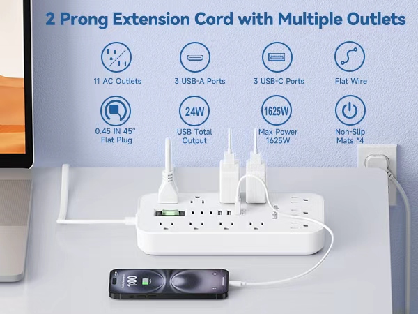 2 prong power strip with usb ports