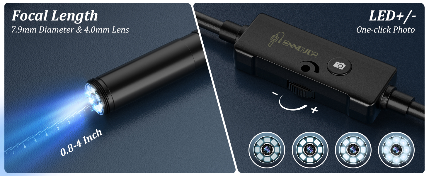 Endoscope camera. Focal length:7.9mm diameter and 4.0mm lens. Adjustable LED: one-click photo.