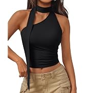 Trendy Queen Womens Going Out Summer One Shoulder Halter Crop Top 2025 Fashion Sexy Tie Shirts Cu...