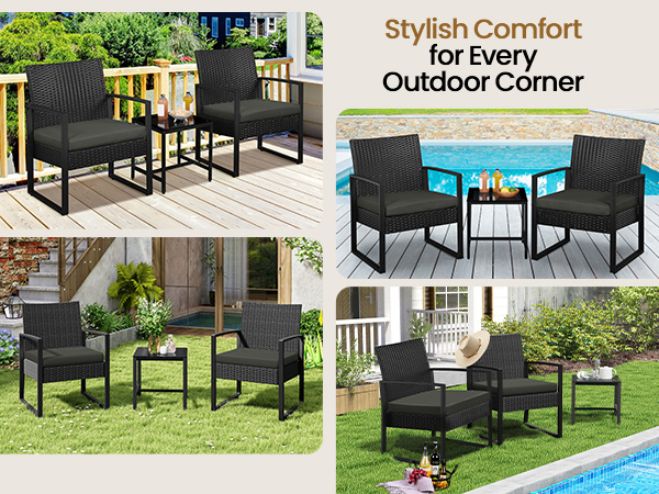 3-Piece Patio Set Rattan Chairs &amp; Table