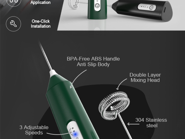Rechargeable Milk Frother Handheld, 3 Speeds Electric Whisk Drink Mixer, Type-C Charging BPA Free