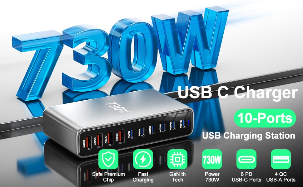 Text reads '7-STRONG USB C Charger 10-Ports'. Blue 3D title graphic above black multi-port charging device with LED indicators.