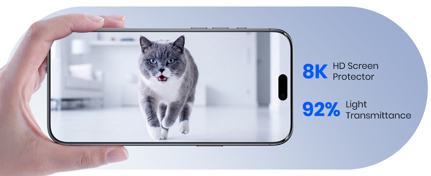 8K HD screen protector with 92% light transmittance showing clear cat image on display.