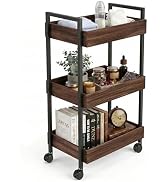 WOPITUES 3-Tier Wooden Rolling Utility Cart with Metal Handle, Mobile Organizer Trolley with 4 Lo...