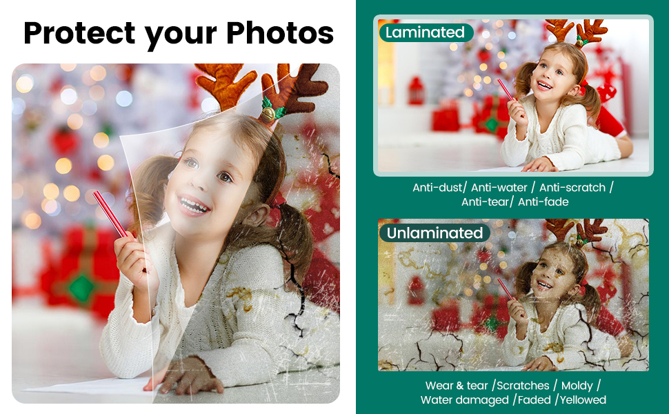 Text reads 'Protect your Photos'. Demonstration of photo watermarking service showing original and watermarked versions of holiday-themed photography.