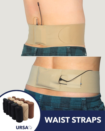 Text reads 'WAIST STRAPS'. Product demonstration showing waistband straps in various colors (black, beige, brown) worn around midsection.