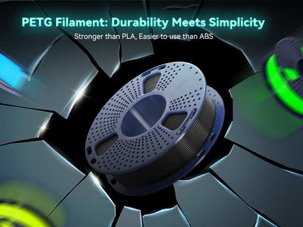 PETG 3D printer filament spool, white with perforated design. Text states it's stronger than PLA and easier to use than ABS. Colorful lighting highlights its features.