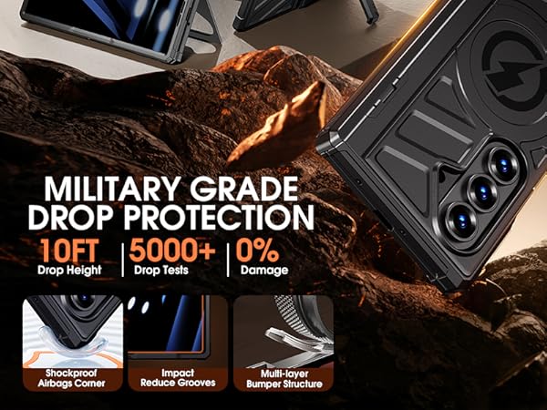 Text reads 'MILITARY GRADE DROP PROTECTION' '10FT | 5000+ | 0% Drop Height | Drop Tests | Damage'. Marketing image showing protective case features with three detailed specification icons.