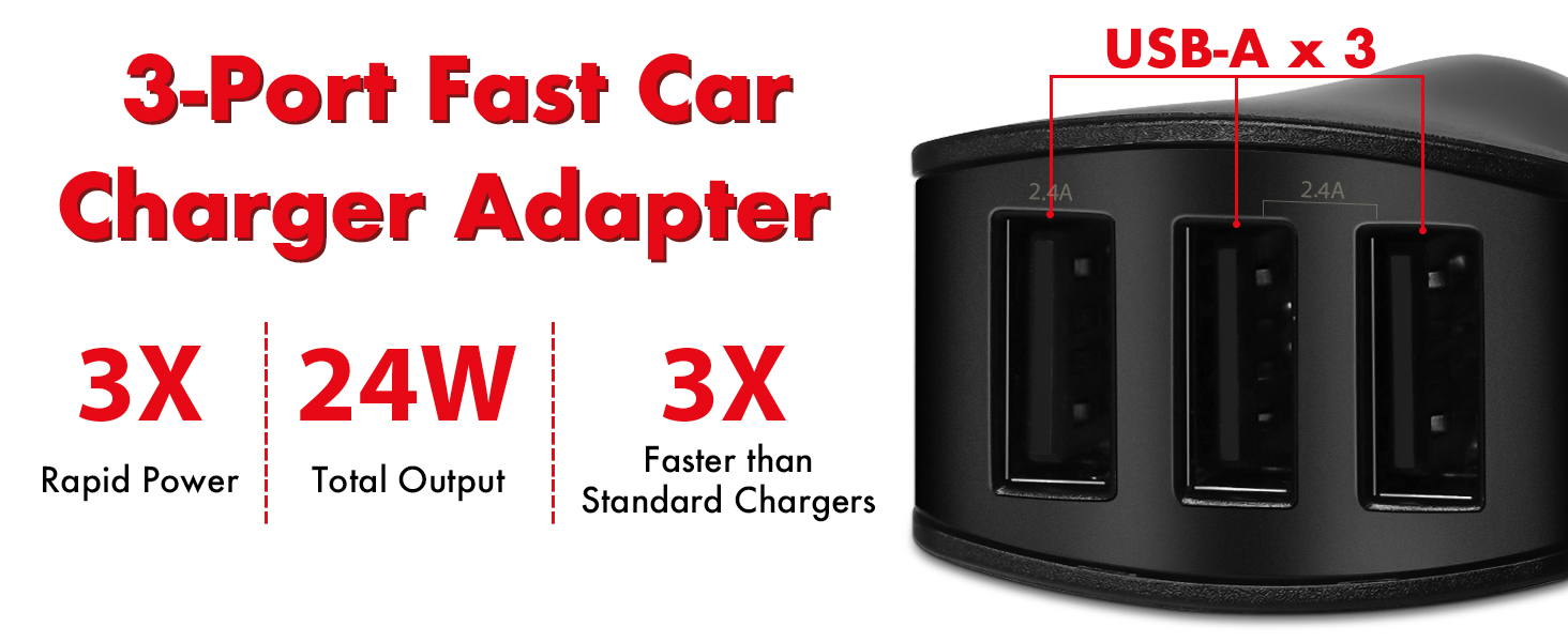 3-Port Fast Car Charger Adapter 3X Rapid Power, 24W Total Output, 3X Faster than Standard Chargers