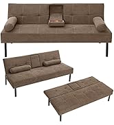 Panana Futon Sofa Bed, Convertible Sofa with Cup Holder Couch Sleeper Linen Upholstered Home Recl...