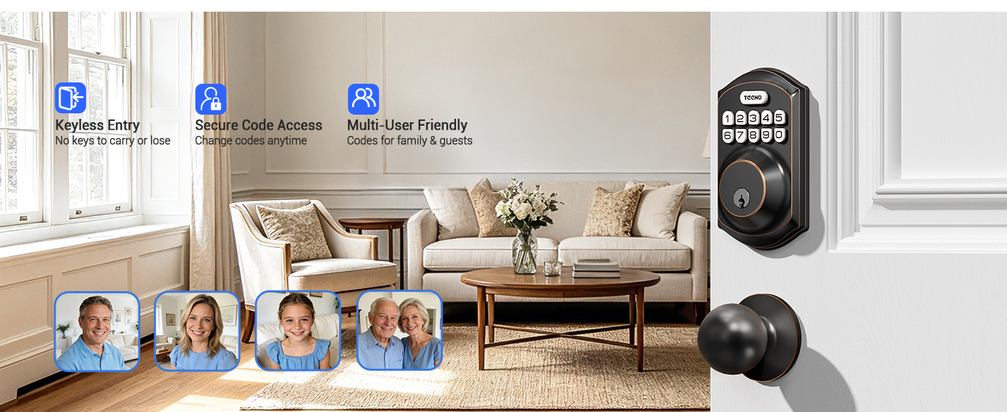 Multiple Unlock Methods: Key, Security Code, Family Code. Ideal for large families.