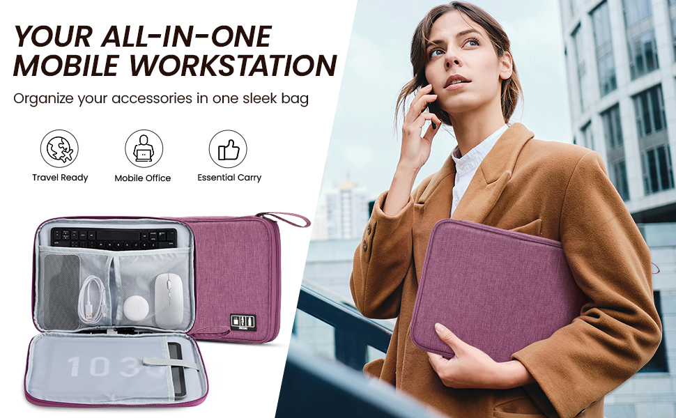 Slim tech pouch bag and portable electronic accessories storage case for travel and office.