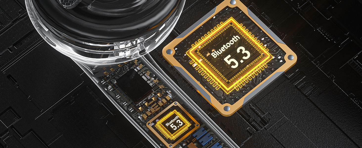 Close-up of two gold-colored electronic processor chips on a black circuit board, with transparent protective covering visible.