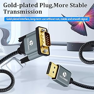 Text reads 'Gold-plated Plug, More Stable Transmission' and 'Gold-plated interface, long-term use without rust, stable and smooth signal'. Shows cable connectors with gold-plated tips.