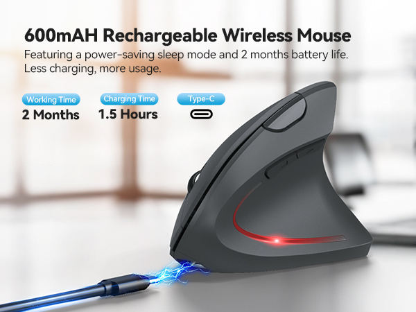 Text: '600mAH Rechargeable Wireless Mouse' '2 Months' '1.5 Hours' Technical product diagram of wireless mouse showing charging capabilities and battery life specifications.