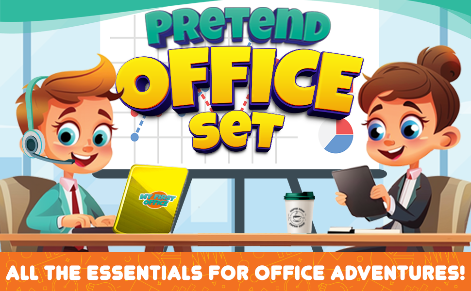 Cartoon kids in suits sitting at desks with laptops and tablets — Pretend Office Set logo above.