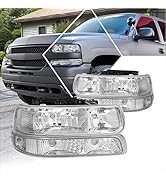 PM PERFORMOTOR [4Pcs-Set] Headlights Assembly+Bumper Lamps Compatible with 99-06 Chevy Silverado ...