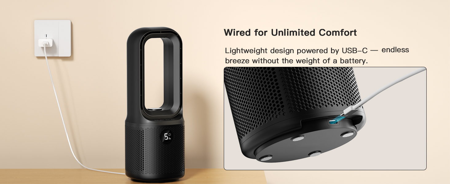 Lightweight USB-C powered fan – endless breeze, no battery weight. Plug &amp;amp; go.
