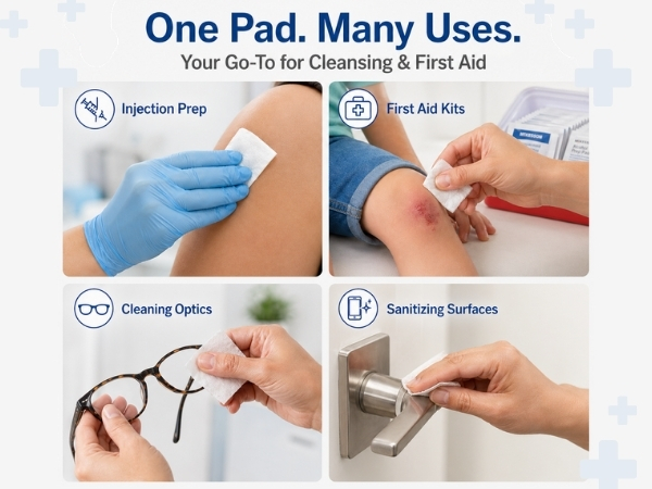 Alcohol Prep Pads that are for cleaning glasses, sanitizing medical surfaces, and first aid kits