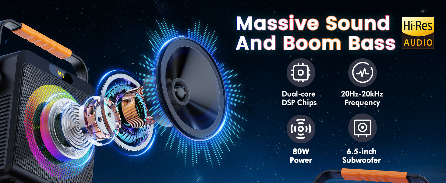Equipped with dual-core DSP chip and 6.5-inch 80W power subwoofer, covering full frequency.